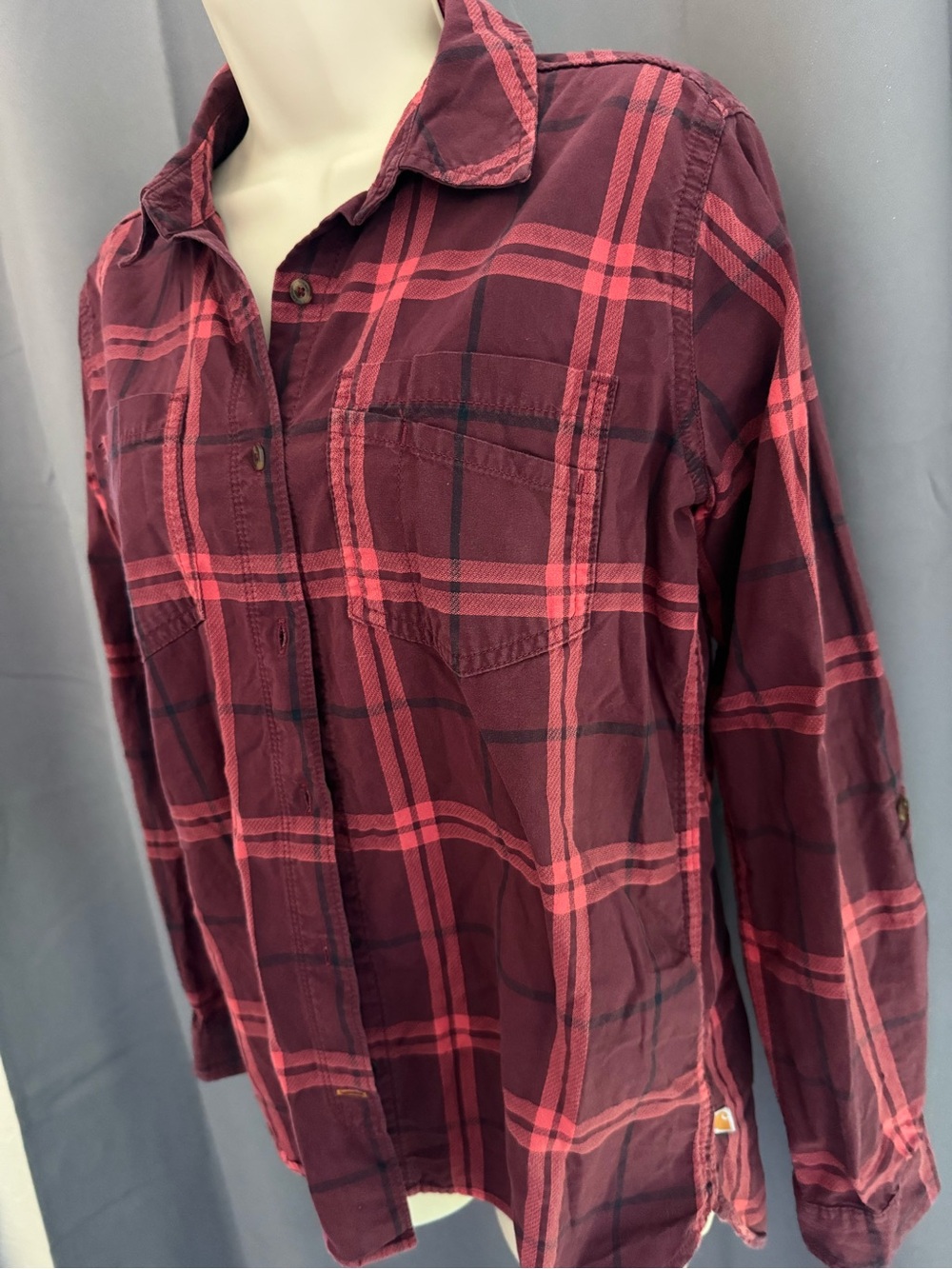 Carhartt Maroon and Red Plaid Button-Down Shirt